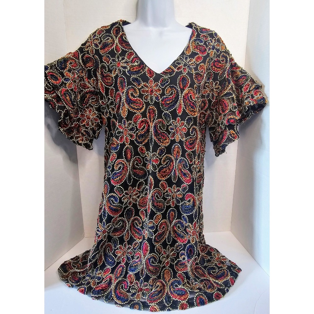 Karlie Paisley Embroidered‎ Dress V Neck Ruffle Sleeve Black Red Blue SZ S BOHO